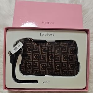 Liz Claiborne Black and Brown Patterned Wristlet. New In Box. Great Gift.